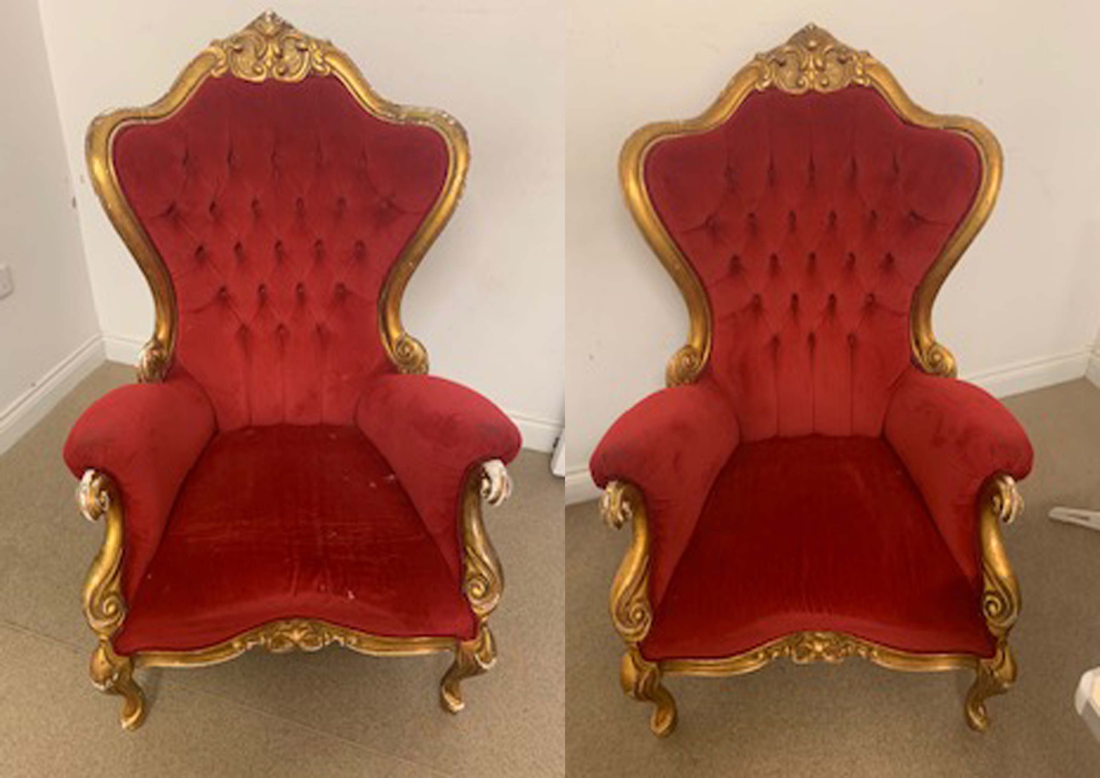 2x used red  gold painted throne chairs  exmouth devon