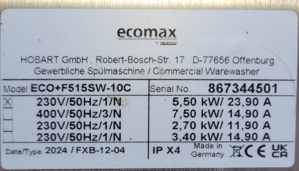 Hobart Ecomax Plus Undercounter Dishwasher