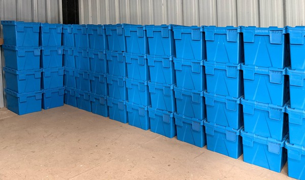 Crockery stored in blue boxes