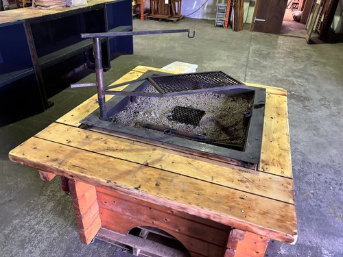 Large Wooden Fire Pit with swinging metal arm
