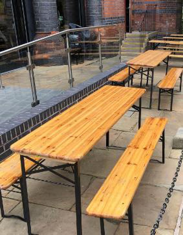 Trestle table and two benches