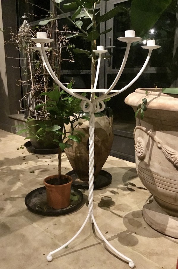 white metal table candelabra
