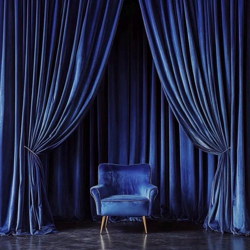 Dark blue faux velvet drapes, 3m drop.