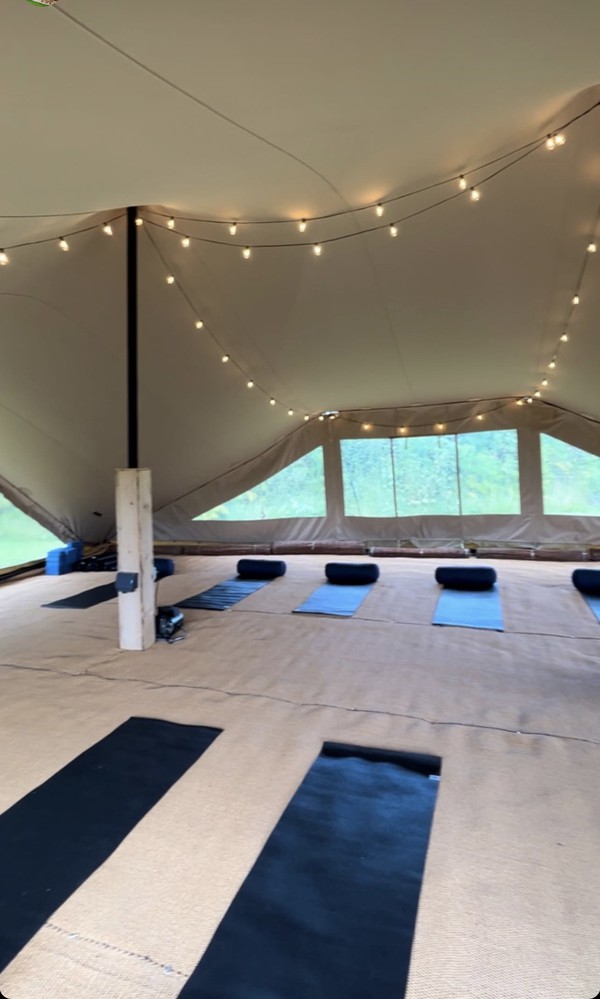 12m by 9m Beige Stretch Tent Complete With Transparent Sides And Doors