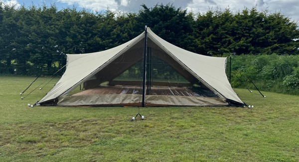 12m by 9m Beige Stretch Tent Complete With Transparent Sides And Doors - Norfolk