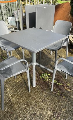 4x Grey Tables And 14x Stacking Chairs For Sale