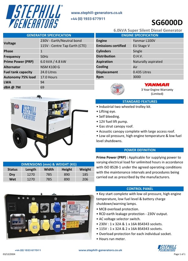 Secondhand Used Stephill 6KVA Diesel Generator
