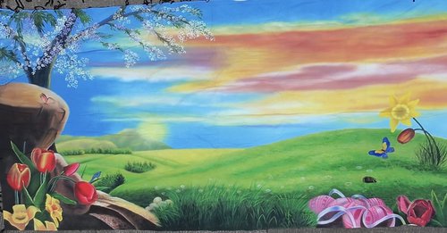 English countryside with easter eggs backdrop