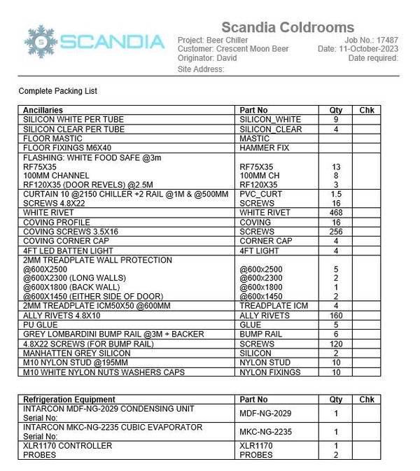 Walk in fridge packing list