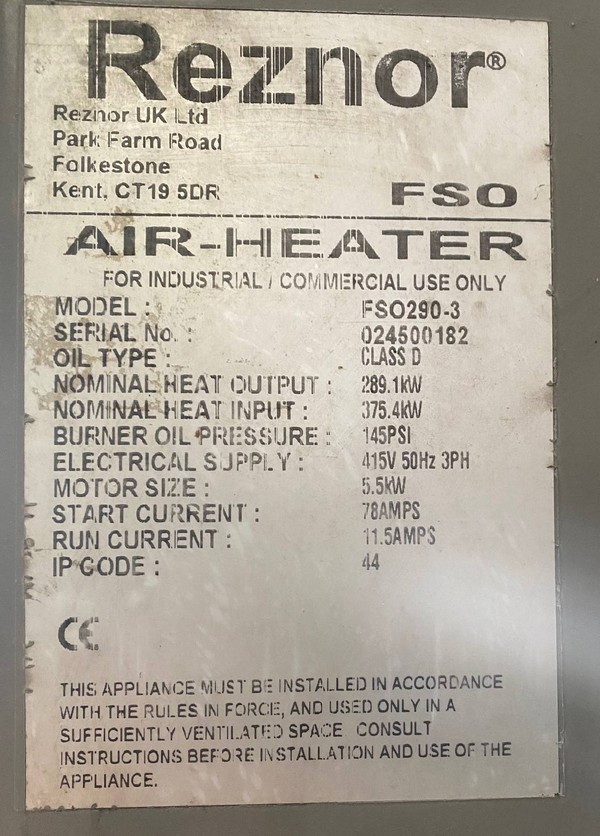 Reznor oil heater FSO-290.3 air heater