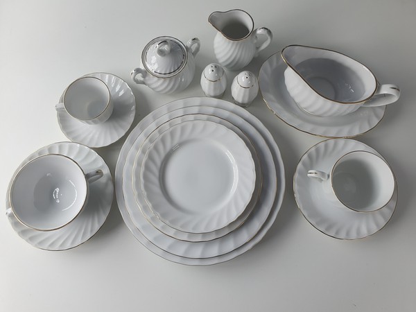 Set of  Vintage White China with Gold Trim