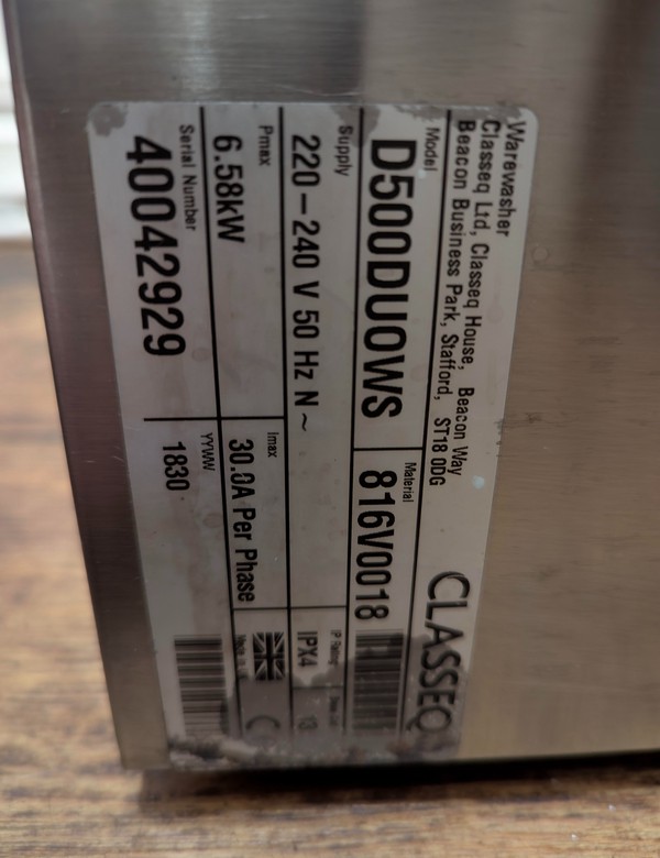 Secondhand Used Classeq D500DUOWS Dishwasher Secondhand Used Classeq D500DUOWS Dishwasher