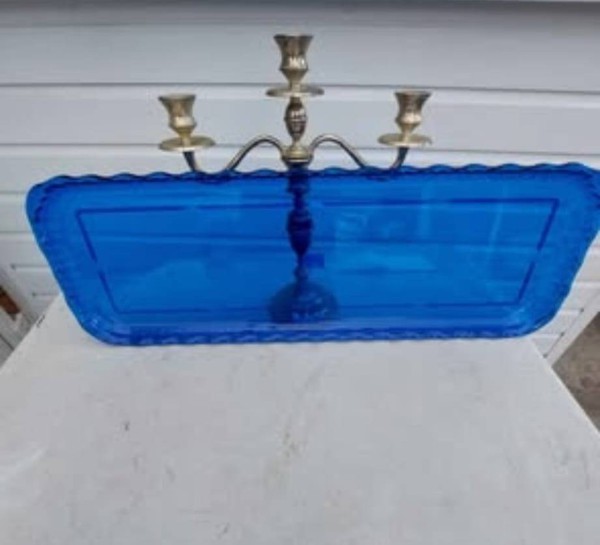 Blue serving plate and candelabra