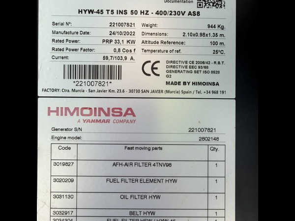 Used Himoinsa HYW-45 Generator for sale