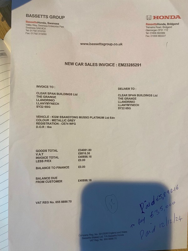 KGM Musso Platinum invoice