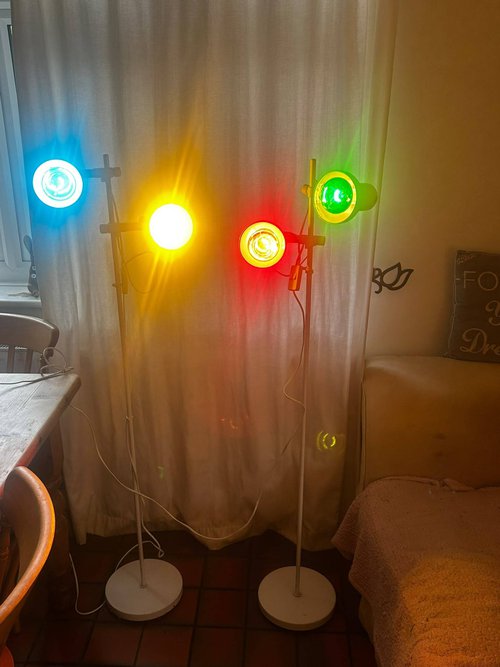Blue, yellow, red and green spot lights