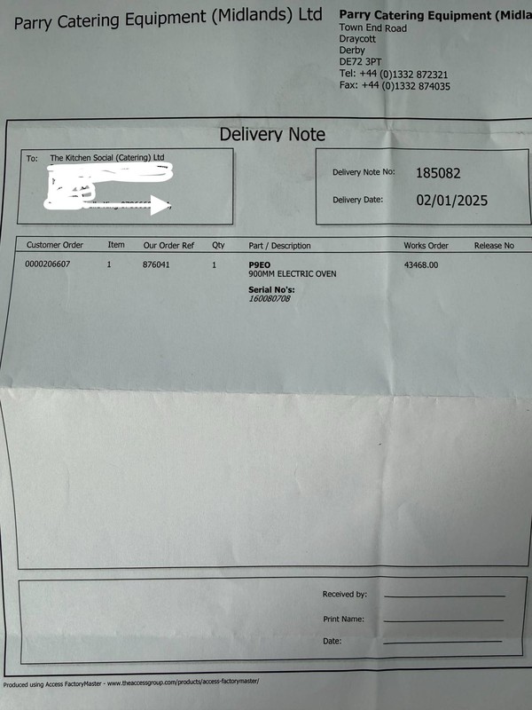 Parry P9EO invoice