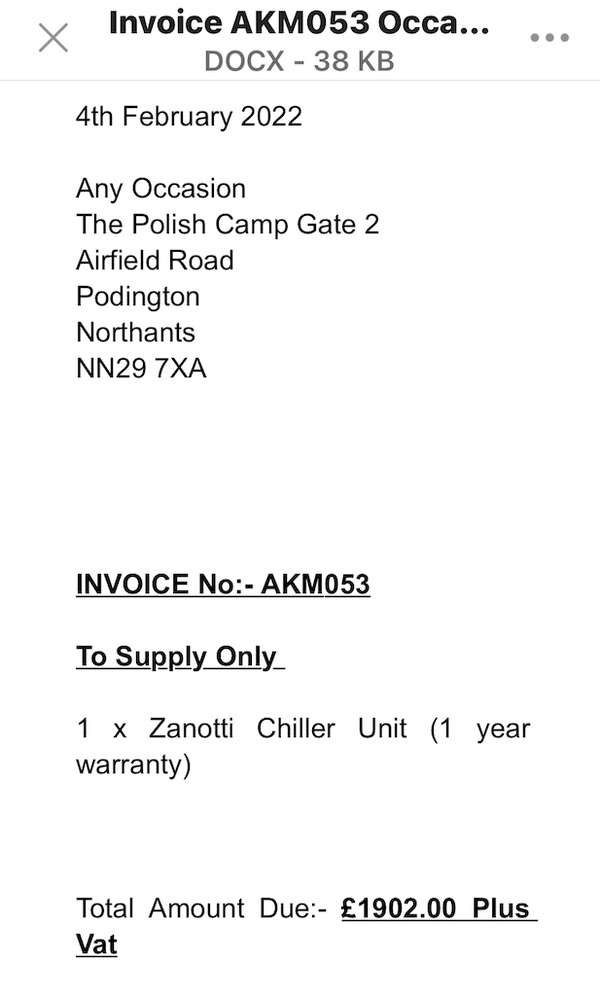 Invoice for Humbaur Refrigerated Trailer