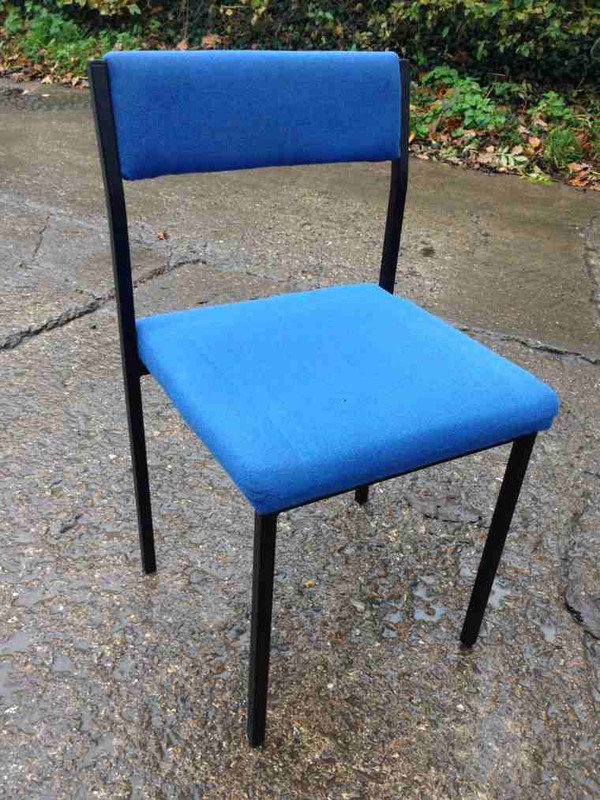 Second Hand Stacking Chairs with Blue Fabric and Black Frame