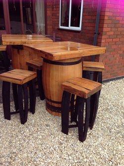 Square top barrel bar table and stools set made from recycled genuine Scottish whisky casks