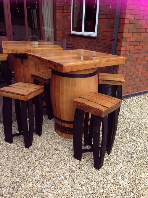 Square top barrel bar table and stools set made from recycled genuine Scottish whisky casks Square top barrel bar table and stools set made from recycled genuine Scottish whisky casks