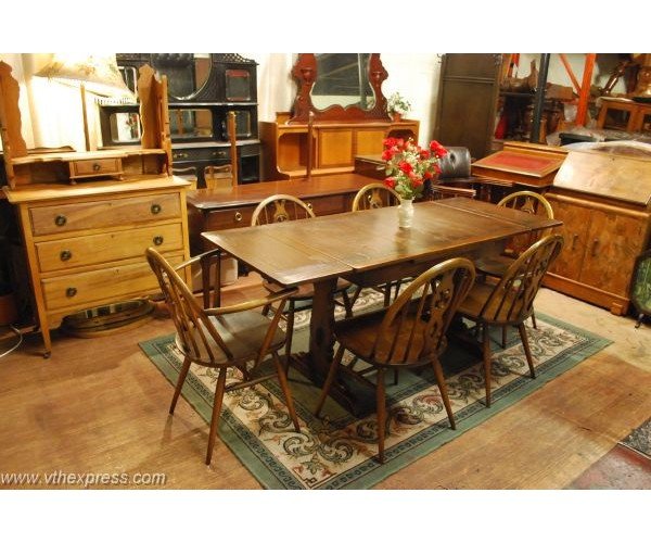 ERCOL Oak Trestle Dining Table and 6 Lovely Chairs