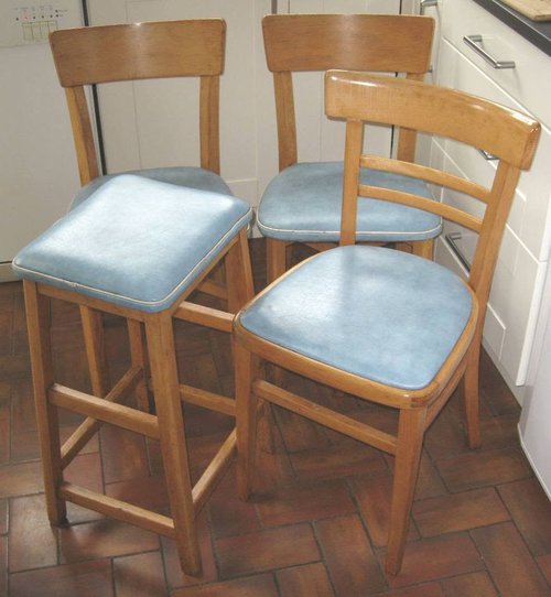 1950’s Vintage Beechwood & Vinyl 3 Chairs and a Stool 1950’s Vintage Beechwood & Vinyl 3 Chairs and a Stool
