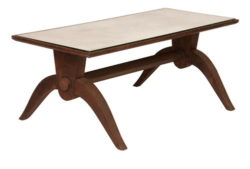 French 1940’s Low Oak Table with Antique Mirror Top French 1940’s Low Oak Table with Antique Mirror Top