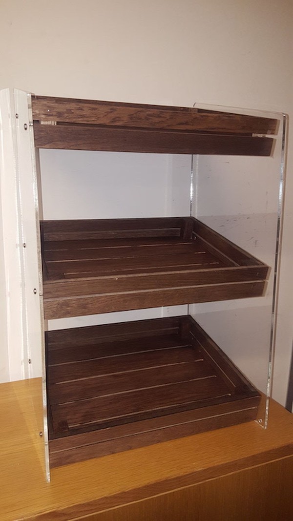 Wooden 3 Shelf Display Unit With Perspex Sides
