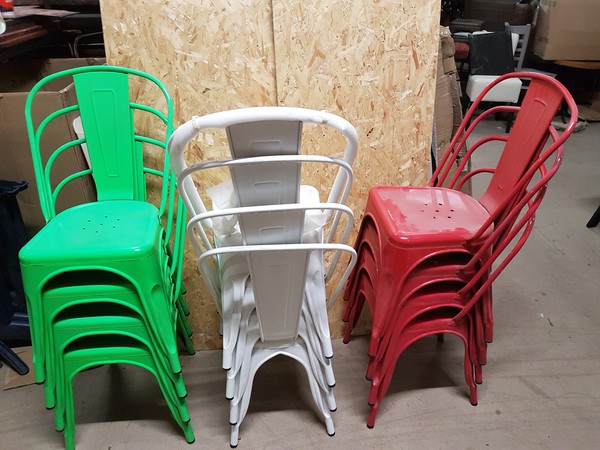 Red white and green Tolix chairs