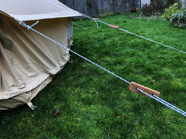 Bell tent guy rope with wooden slider