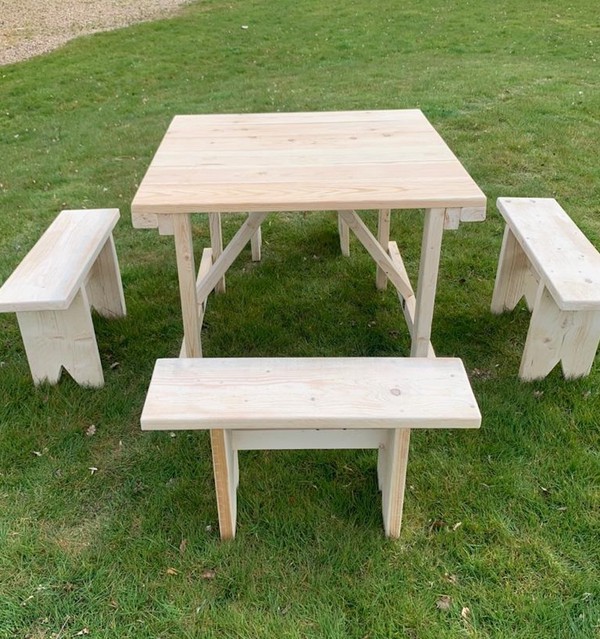 3ft Square Non Folding Rustic Table and Bench set
