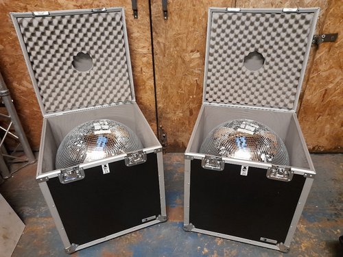 Pair of 50cm Mirror Balls in Roadinger Flightcases for sale Pair of 50cm Mirror Balls in Roadinger Flightcases for sale