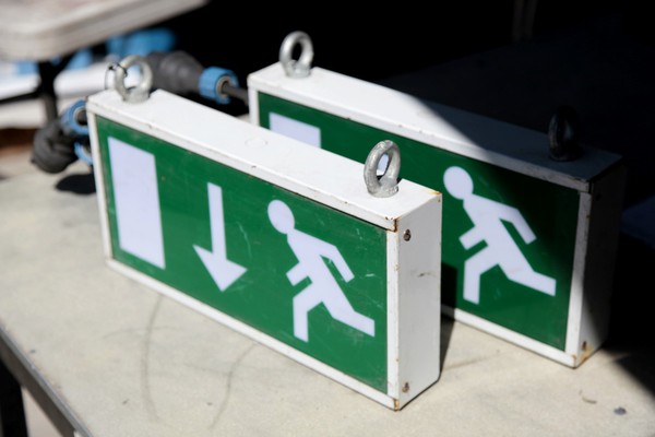 Hanging fire exit signs with 3 hour maintained lighting