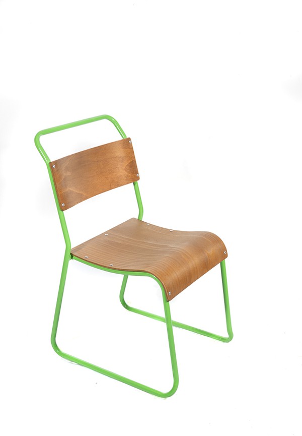 Retro wooden chairs with green metal frame for sale
