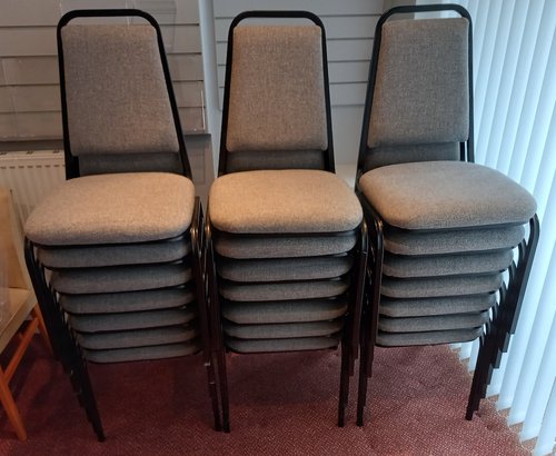 Stacking Steel Framed Chairs Upholstered in Grey Fabric Stacking Steel Framed Chairs Upholstered in Grey Fabric