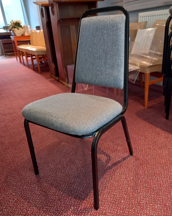 Stackable Chairs Upholstered in Grey Fabric for sale