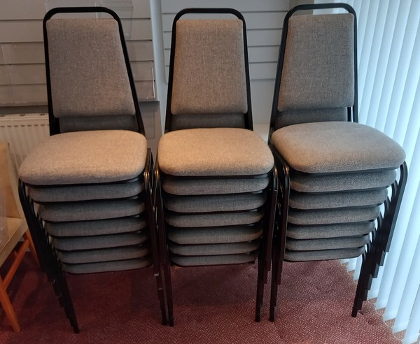 Stacking Steel Framed Chairs Upholstered in Grey Fabric