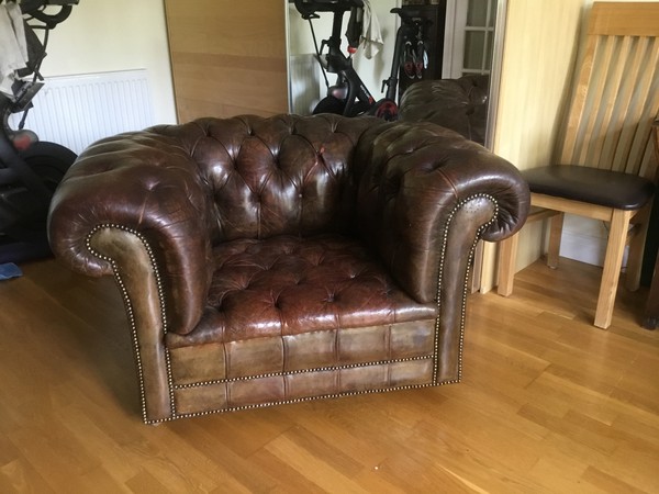 Secondhand Dark Brown Leather Chesterfield Chair For Sale