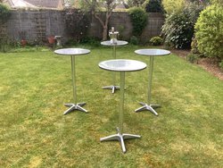 Secondhand Set of 4 Aluminium Poseur Tables and 3 Chrome Bar Stools For Sale