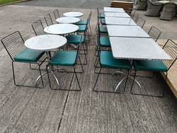 Secondhand Outdoor Aluminium Tables with 18x Steel Wire Style Stackable Chairs For Sale