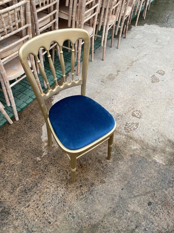 Gold Cheltenham Banquet Chairs with Blue Seat Pads for sale