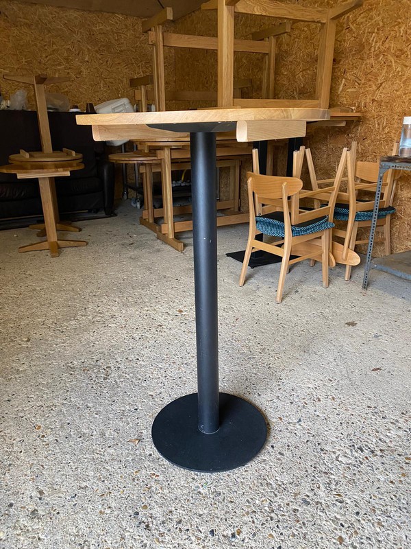 Poseur Height Round Oak Tables with Metal Base For Sale