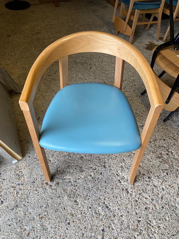 Oak Dining Chairs with Arms and Blue Padding For Sale