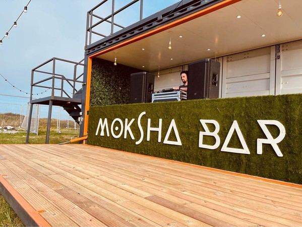 Bespoke and Unique Shipping Container Bar with Grass Roof and Hydraulic Side