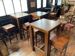 Square Brown Wooden Bar Tables and Stools