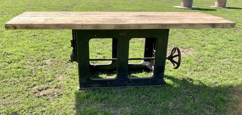 Reclaimed Antique Iron Saw Bases with Chunky Wooden Tops Tables Reclaimed Antique Iron Saw Bases with Chunky Wooden Tops Tables
