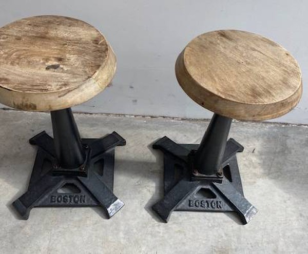 Cast Iron low bar stool with wooden seat