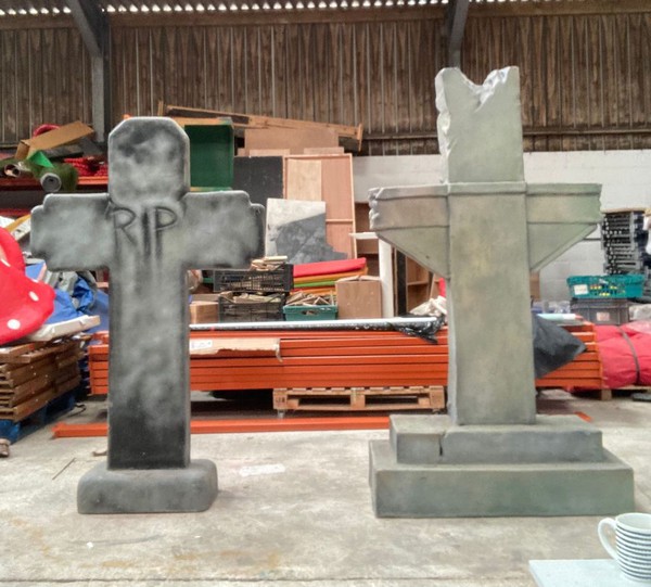 2 Life size headstone crosses halloween graveyard props