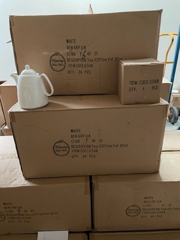Boxes of White Hospitality Hotelware Coffee Tea Pots